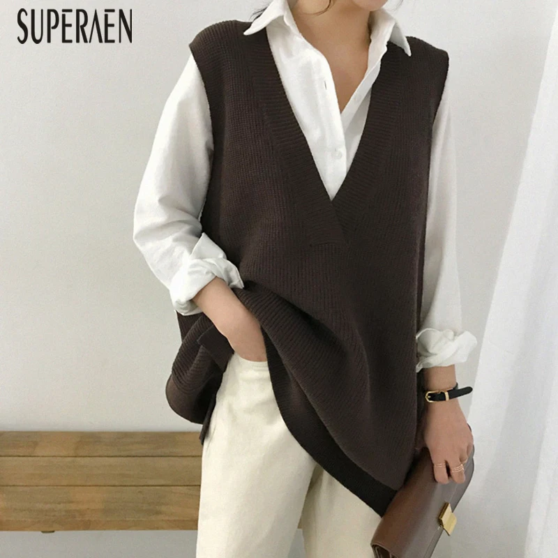 

SuperAen 2019 Autumn and Winter Korean Style Sleeveless Sweater Women New V-neck Wild Casual Ladies Sweater Fashion Tops