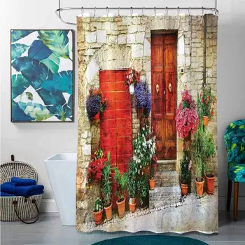

Shower Curtains for Bathroom Orange Tuscan,Colorful Flowers Outside Home in Italian Hilltown Assisi Rustic Door Image,Ivory