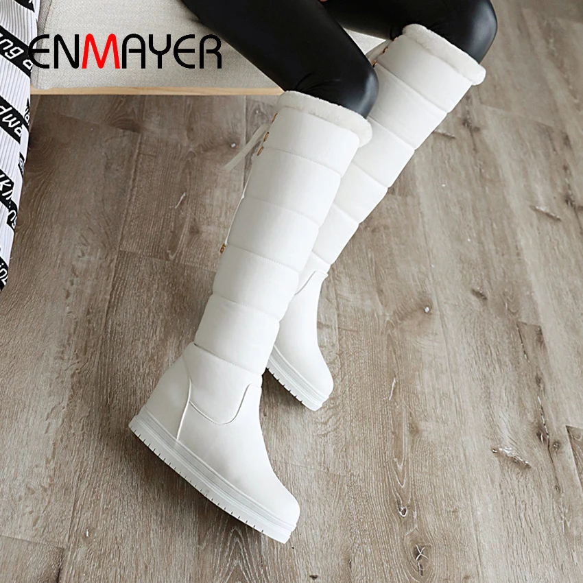 

ENMAYER Winter PU Solid Down Boots Slip-On Square Toe Height Increasing Knee High Women Shoes Flat Solid Short Plush Snow Boots