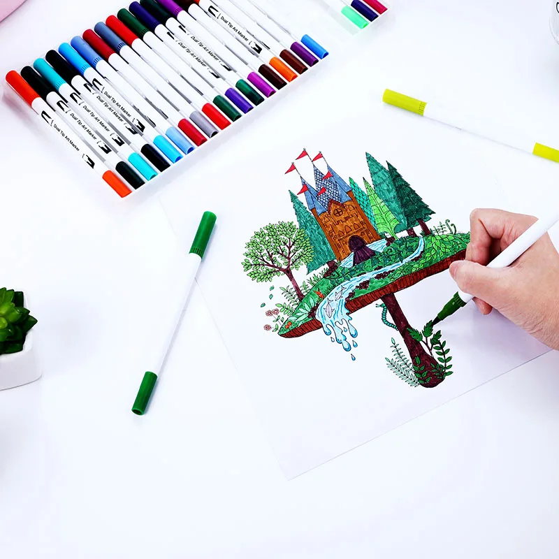 100PCS Colors Fine Liner Drawing Painting Watercolor Markers Pen Art Dual Tip Brush School Supplies Stationery 04350|Маркеры для