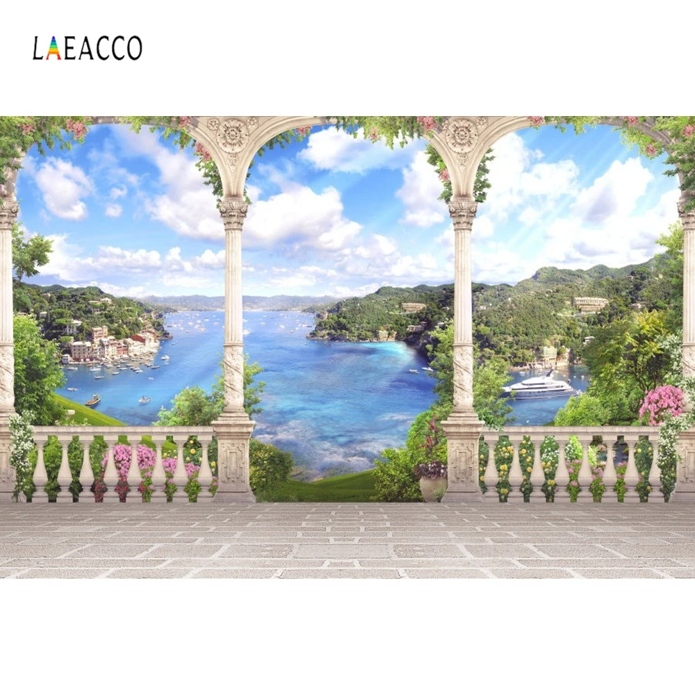 

Laeacco Sunny Cloudy Sky Mountains Bay Scenic Palace Arch Photography Backgrounds Vinyl Customs Photo Backdrops For Photo Studio