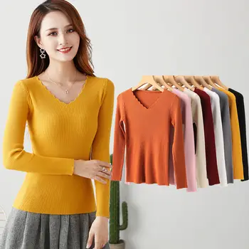 

Women 2020 Autumn Winter Casual Long Sleeve V-Neck Tops Pullover Sweaters New Female Slim Knitted Sweater Bottoming Jumpers L603