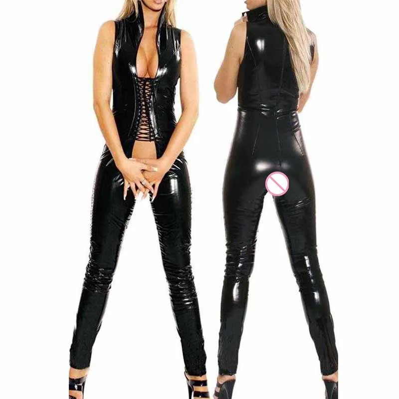 Sexy Costumes Lingerie Latex Women Bodysuit Black Catsuit Open Crotch Lingerie Sex Hot Erotic Lace Up Pole Dance Clubwear