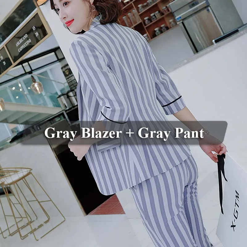 2 Piece Gray Suit Lenshin, комплект из 2 предметов, брючный костюм, летняя одежда, модный стиль, для женщин, для офиса, для женщин, для работы, половина рукава, полосатый пиджак с брюками - Цвет: 2 Piece Gray Suit