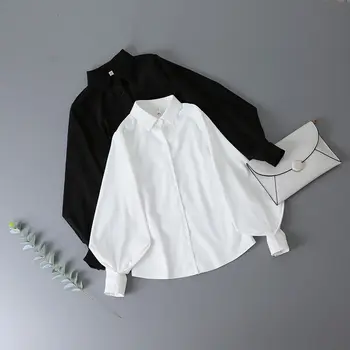 QWEEK-Camisa de manga larga con botones para mujer, blusa informal de oficina, color liso, Estilo Vintage, color blanco, 2021 1