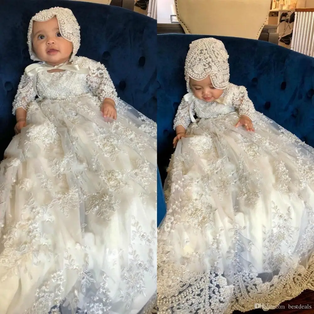 Robe de baptême avec Bonnet pour petites filles | À manches longues, en dentelle, avec des appliques et des perles, robe de première Communication