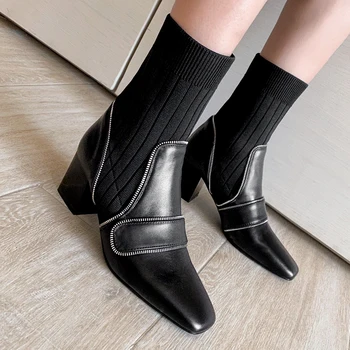 

Vintage Genuine Leather knitting Women's Boots Square Toe Thick High Heels Pumps Party Casual Shoes Woman black white brown