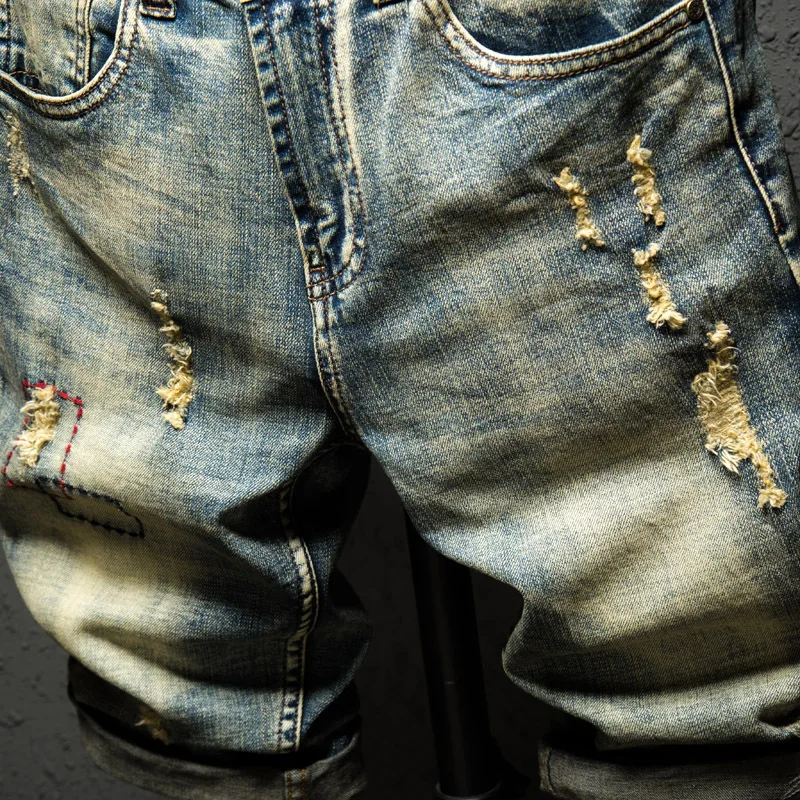 summer Style men Denim Jeans luxury Men slim Stretch Jeans shorts zipper Straight Moto& Biker hole Shorts jeans pants for men