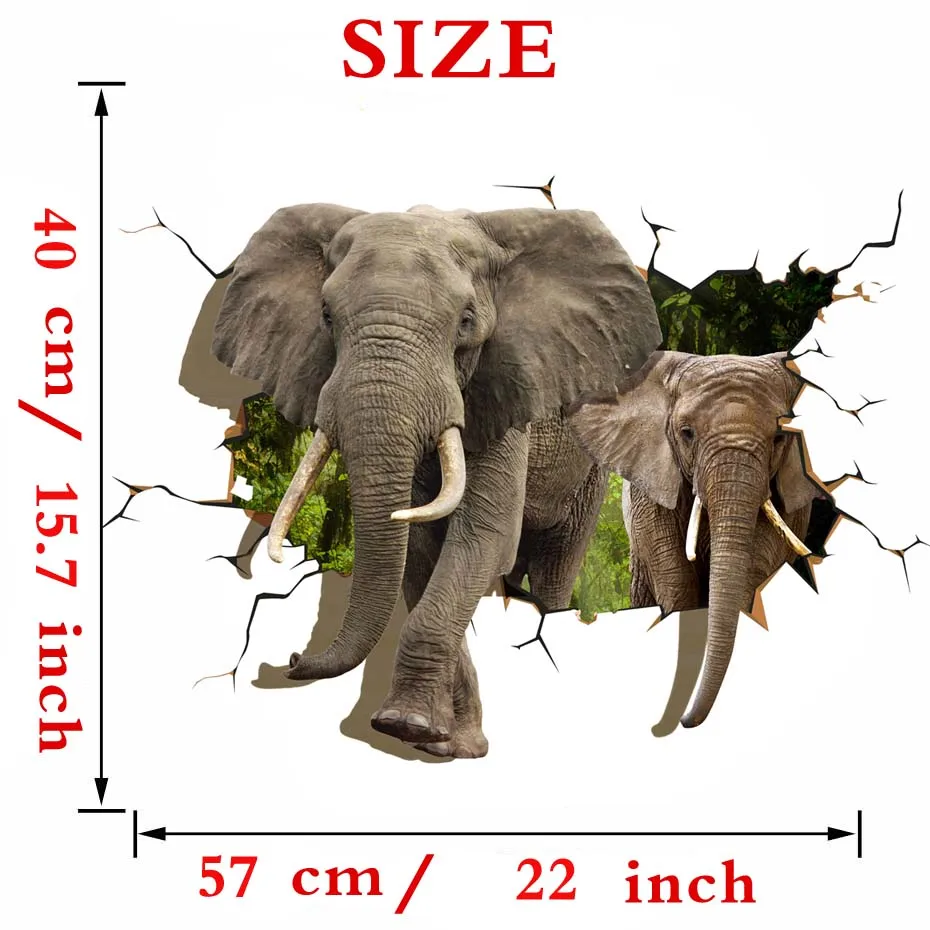Wild Animal Giraffe Elephant Break the Wall 3D Sticker 3D Effect Decals for Kids Children Nursery Baby Room Living Room Sofa background Decoration Home Art Vinyls Mural Creative Removable Self-adhesive Wallpaper Gift (1)