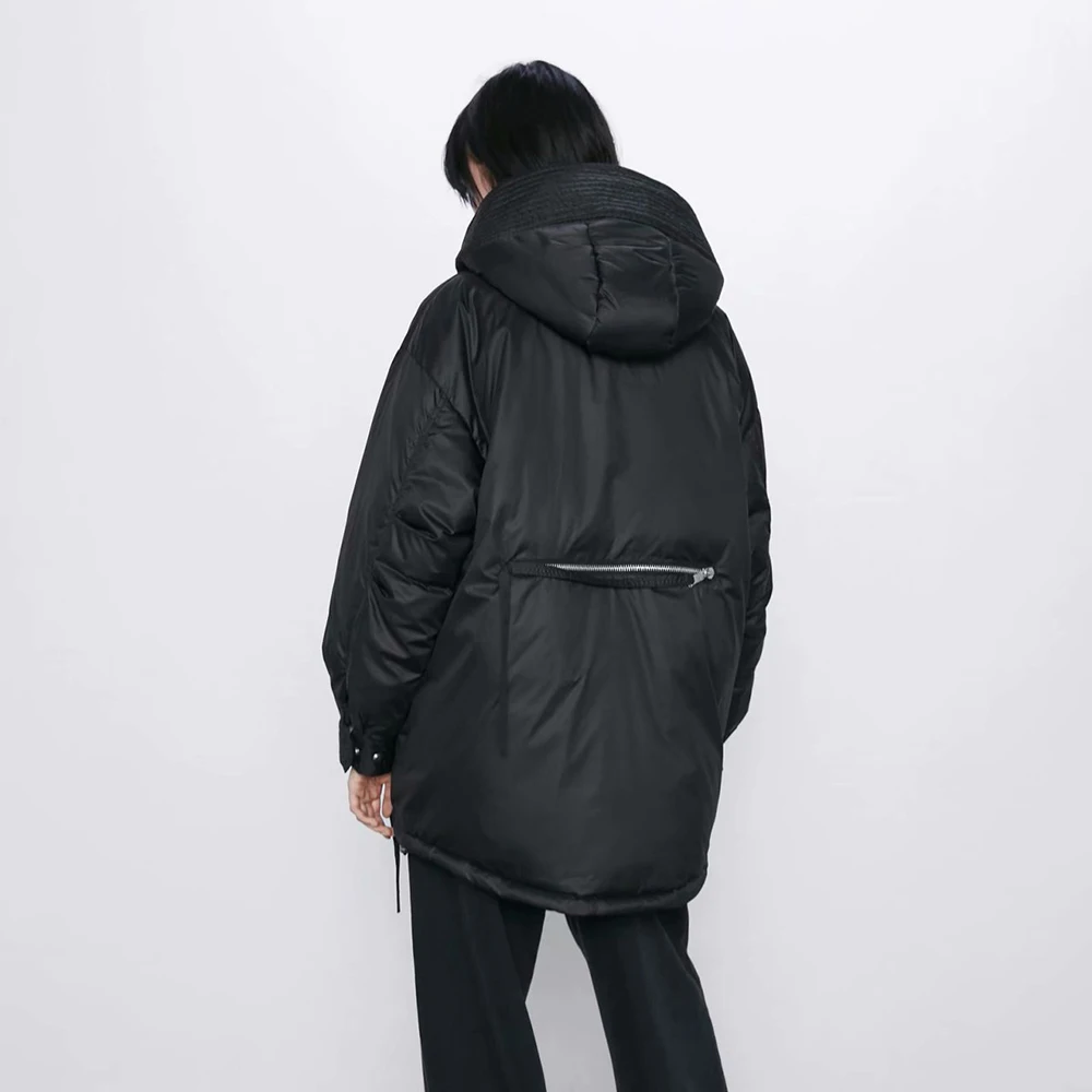 ZA модная зимняя куртка, Женское пальто, новинка, черная куртка с капюшоном и длинным рукавом, повседневная плотная теплая одежда на молнии, уличная одежда