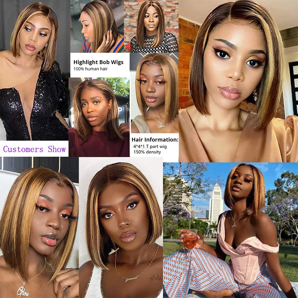 Highlight Wig Human Hair Bob Wig Straight 4x4 Lace Front Human Hair Wigs Brazilian Wig Short Human Hair Bob Wigs Tpart Ombre Wig