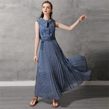 

Patchwork Dots Women Dress 2020 Summer Women's Denim Dresses Sleeveless Lace Turn-down Collar Belted Chiffon Vintage Vestido