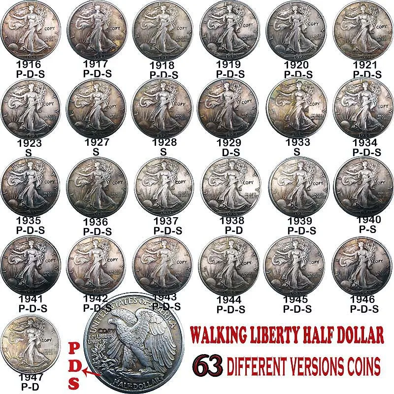63 шт. 1916 1947 США Полный комплект Walking Liberty наполовину копия долларов | Отзывы и видеообзор