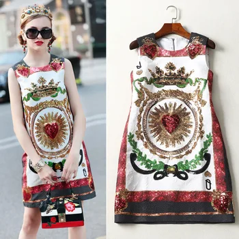 

European Grand Prix 18 Spring and Summer Women's zou xiu kuan round Neck Heavy Poker ding zhu pian Dress Tide