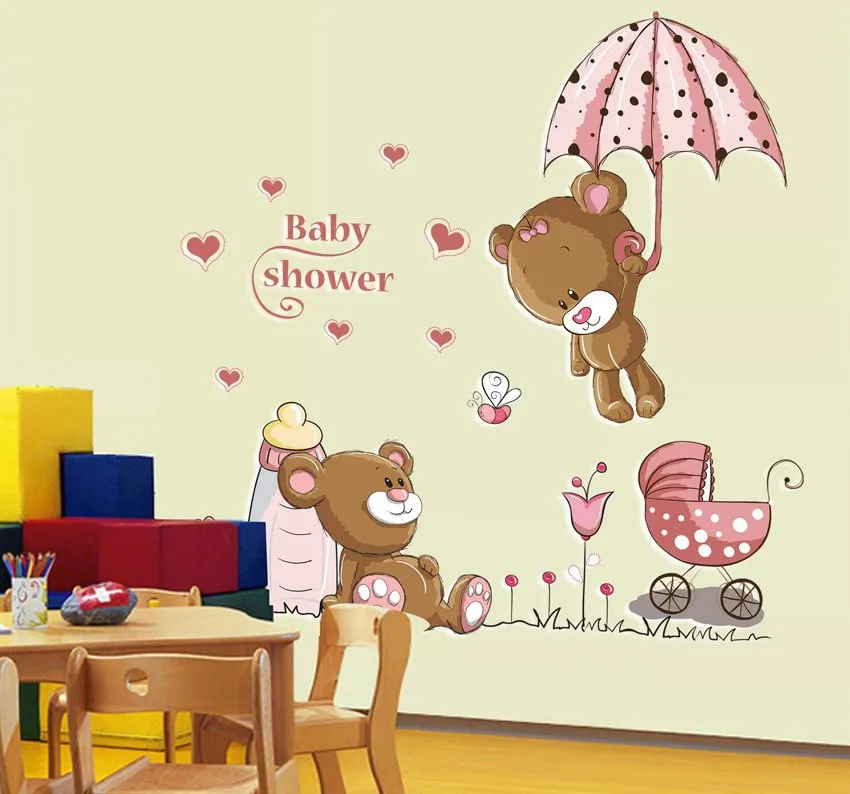 

Home Decor Cartoon Pink Cat Rabbit Flower Wall Sticker For Baby Girls Kids Rooms Teddy Bear Umbrella Classroom Wall Decals