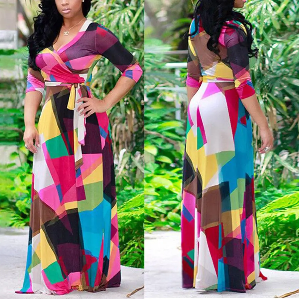 

Fadzeco African Summer Dresses for Women Dashiki Floral Printed Deep V Neck Half Sleeve Boho Wrap Long Maxi Dress Plus Size
