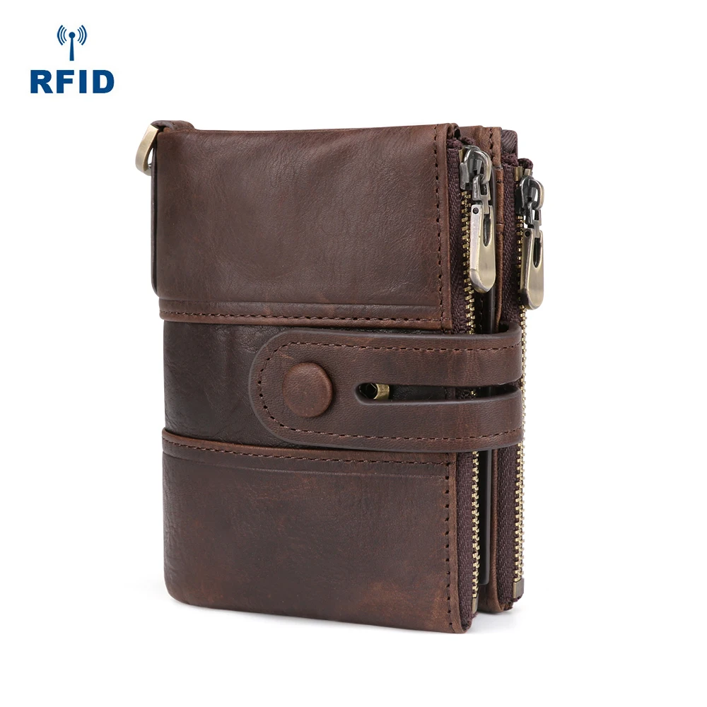 

Cow Leather RFID Wallet High end Male Purse Zipper Coin Wallet Retro Style Short Wallet Men's Cards Holder Standard Wallet
