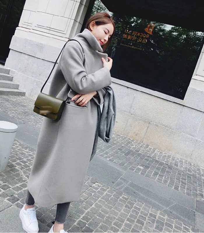 Женское шерстяное пальто, зимнее Новое повседневное корейское пальто, изящное длинное пальто, костюм с длинными рукавами, женская мода, большие размеры