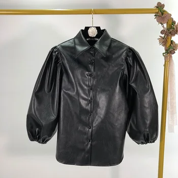

2020 Spring PU Leather Blouse Women Three Quarter Buttons Tops Black Puff Sleeve Slim Fashion Female Spring Shirts LT021S30