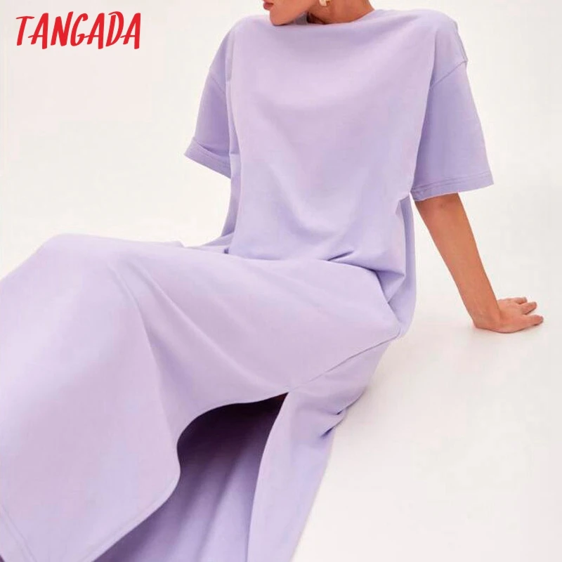 Tangada 2021 Women Elegant 95% Cotton Sweatshirt Dress Oversized Short Sleeve Side Open Ladies Midi Dress 6L60