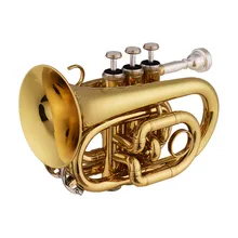 Trompette de poche en laiton, Mini trompette de poche Bb, Instrument à vent plat avec embout gants, tissu de nettoyage, étui de transport