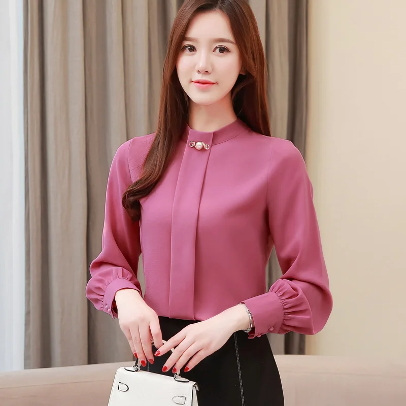 XQ001996 rose red Осень Женская белая шифоновая блузка повседневная Корейская тонкая рубашка с длинным рукавом модная женская уличная элегантная женская рубашка - Цвет: XQ001996 rose red