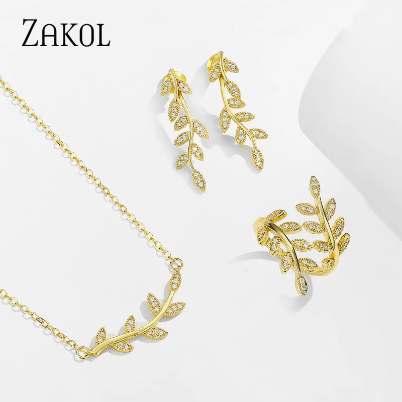 

ZAKOL 2020 Classic Cubic Zirconia Leaf Choker Earrings Neckalce Ring Jewelry Sets for Women Engagement accessories