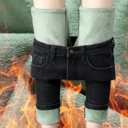 Теплые зимние джинсы больших размеров для женщин, женские обтягивающие плотные повседневные брюки с высокой талией, бархатные джинсовые