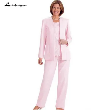 

2020 Mother Of The Groom Pink satin Bridal Mother Bride Pant Suits With Jacket Women Evening Pant Suits Long Sleeve Evening Dres