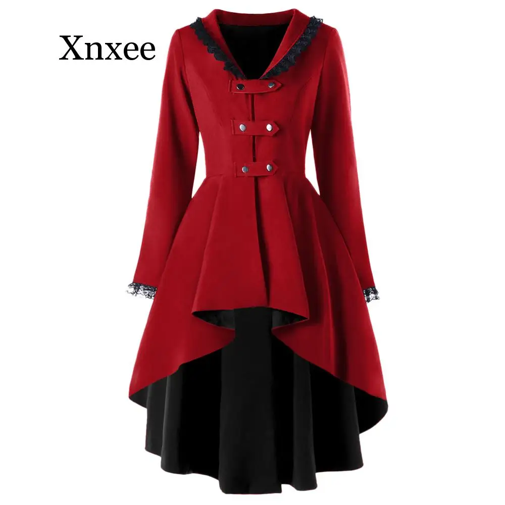 red Tuxedo Girdle irregular Tuxedo mom gift Winter Coat Women Back Lace Up Womens Outerwear Coats V-Neck Long Ladies prom Lolita