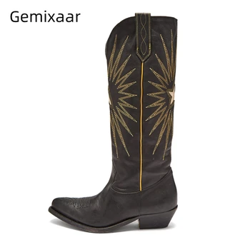 

Luxury Sewing Knee High Boots Women Sexy Pointed Toe Genuine Leather Square Heel Long Booties Winter Botas Mujer