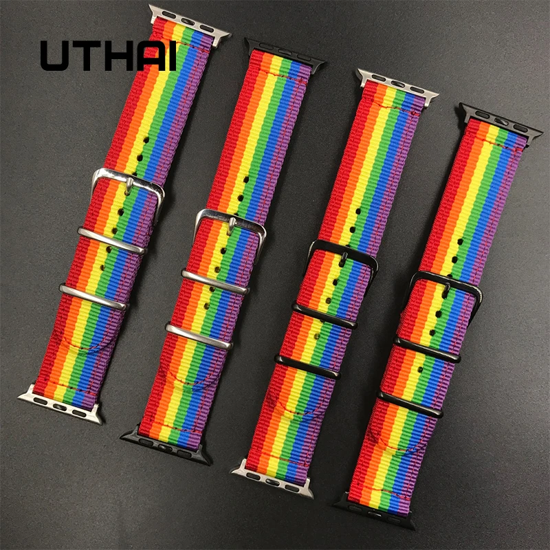 

UTHAI P30 Nylon Watch Strap For Apple Watch Iwatch1 2 3 4th Generation Six-color Rainbow Strap
