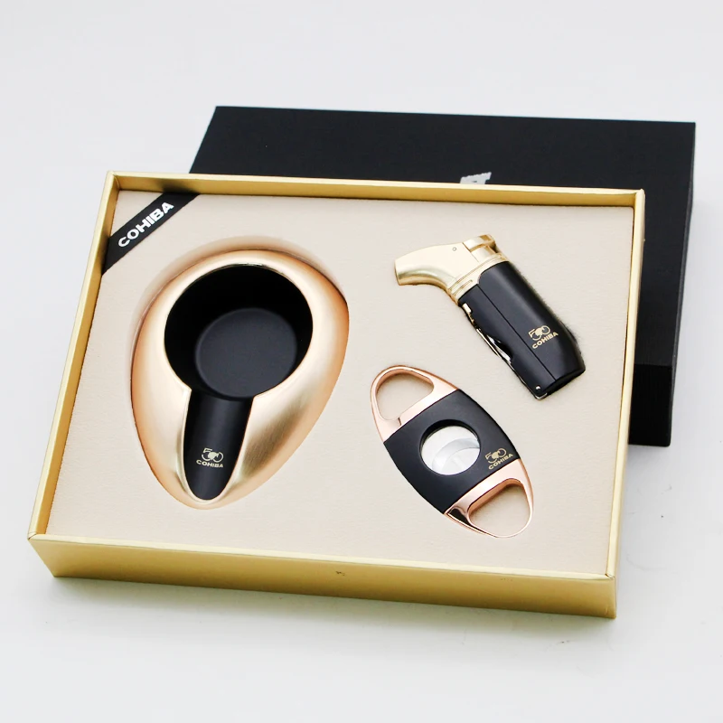COHIBA уникальная 2 струйная Зажигалка для сигарет с пепельницей для сигар и Каттер для сигар для путешествий, сигара Подарочный комплект в деловом стиле