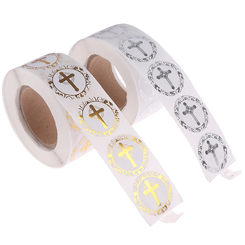 Золотая или серебряная фольга круглые этикетки Религиозные христианские наклейки в форме Креста для крещения причастия