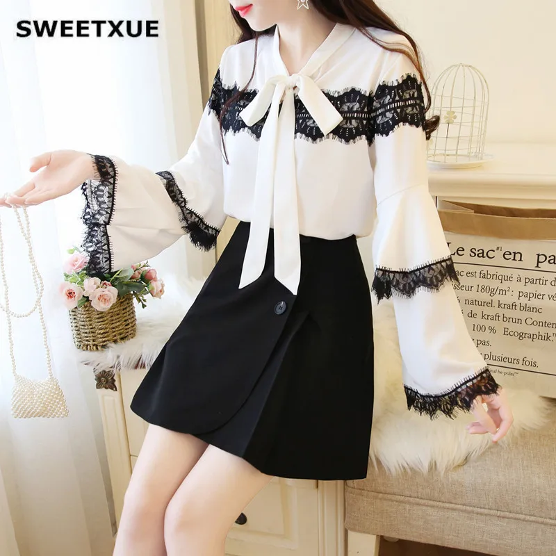 

SWEETXUE 2019 Autumn Two-Piece Suit Lace Stitching Fairy Flaer Sleeves Chiffon White Shirt Tops + Solid Color Skirt Set Women