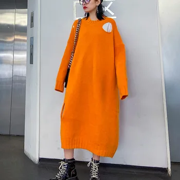 

XUXI Ankle-Length Long Sleeve Kniting Dress Women Streetwear A-Line Hole Splicing High Waist Casual Dresses Autumn 2020 FZ3132