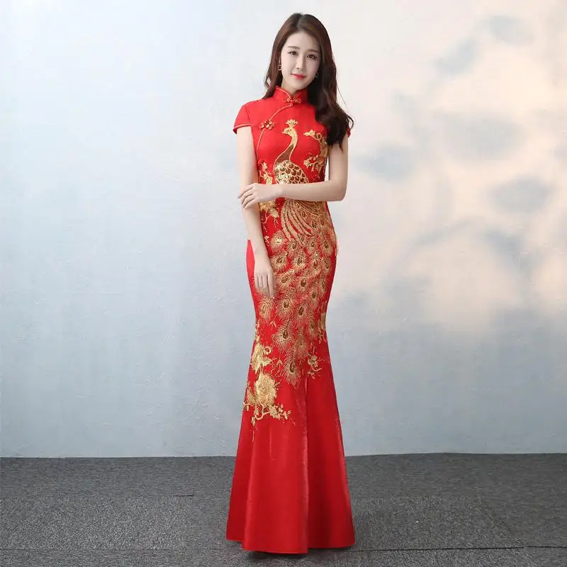 Элегантное длинное женское свадебное платье Qipao, сексуальное тонкое женское вечернее платье, изысканное блестящее платье с павлином - Цвет: Red1