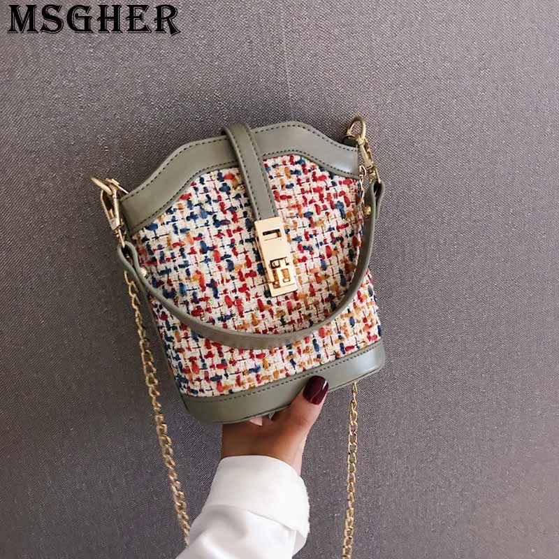 

MSGHER Sticky Knitting Flap Women Bucket Bag Panelled Plaid Hasp Soft Wristband Metal Chain Shoulder Zipper Girl Bag WB2737