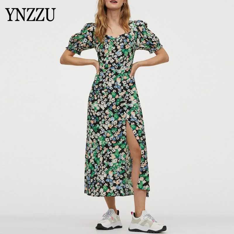 

Women vintage Floral print Maxi dress Puff sleeve Square collar female casual Fit and flare dresses vestidos Summer YNZZU YD400