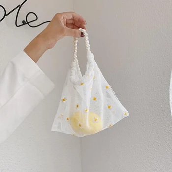 

Women Small Transparent Mesh Tote Bag Classic Chic Delicate Creative Design Daisy Embroidery Handbag Pearl Beach Pouch