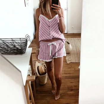 

Pink Cotton Sleepwear Pajamas Suit Intimate Lingerie Female Striped Nightwear Home Clothing Casual Nightgown Pyjamas Homewear