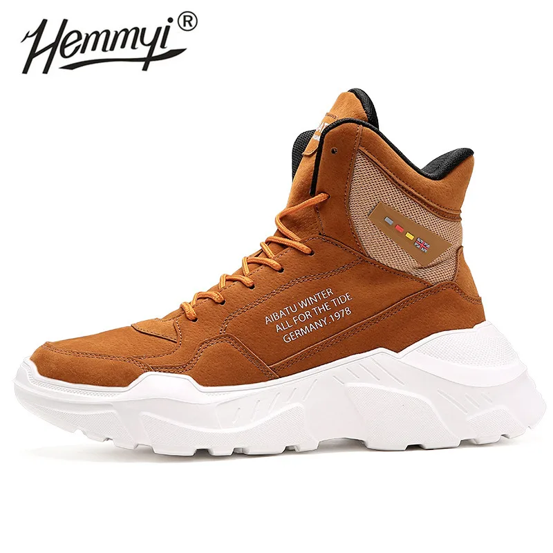 Brown Hemmyi мужские высокие кроссовки удобные уличные повседневные зимние мужские ботинки на шнуровке Мужская обувь из искусственной кожи поддержка прямой доставки - Цвет: Brown