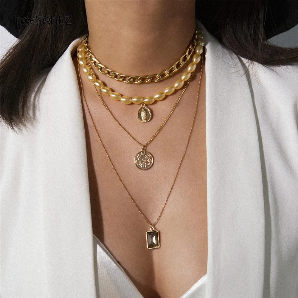 

Elegant Multi Layer Imitation Pearl Choker Necklace Punk Carved Coin Pendant Necklace Statement Jewelry for Women