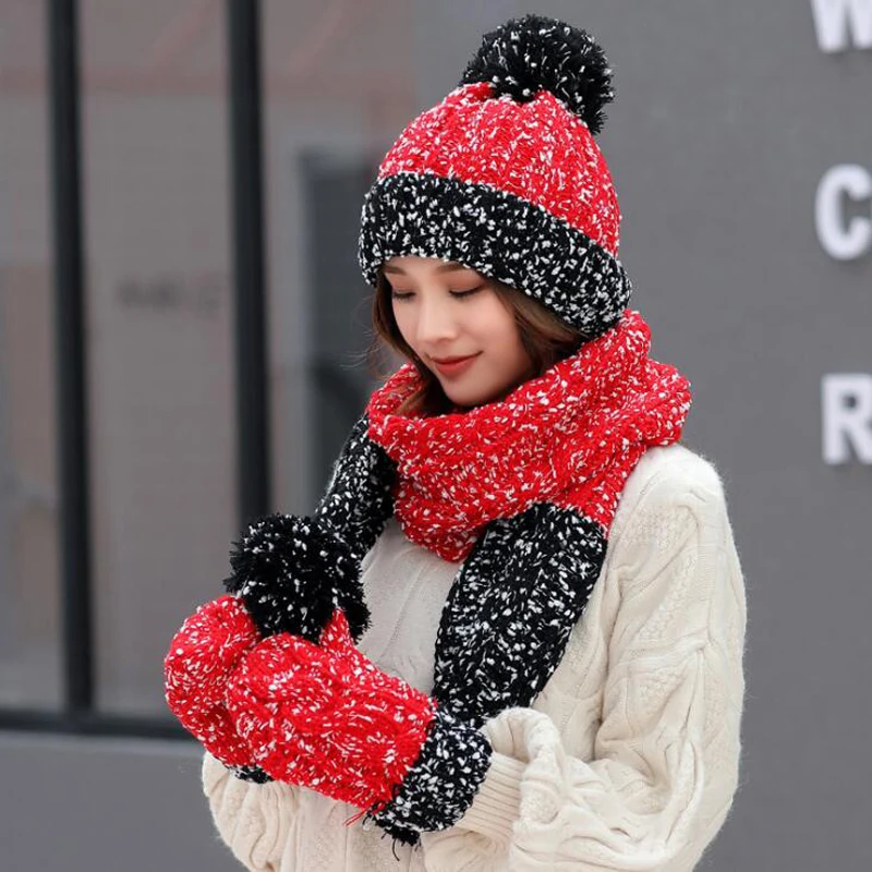 Толстая теплая шапка шарф перчатки Комплект Для женщин снаряжены зимняя Шапки для девочек шапка и шарф для дам 3 шт./компл