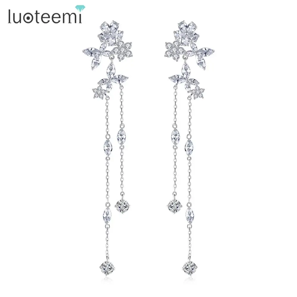 

LUOTEEMI Exquisit Fairy Flower Long Thing Chain Drop Dangle Earrings for Women Girls Wedding Dating Clear CZ Fashion Jewelry