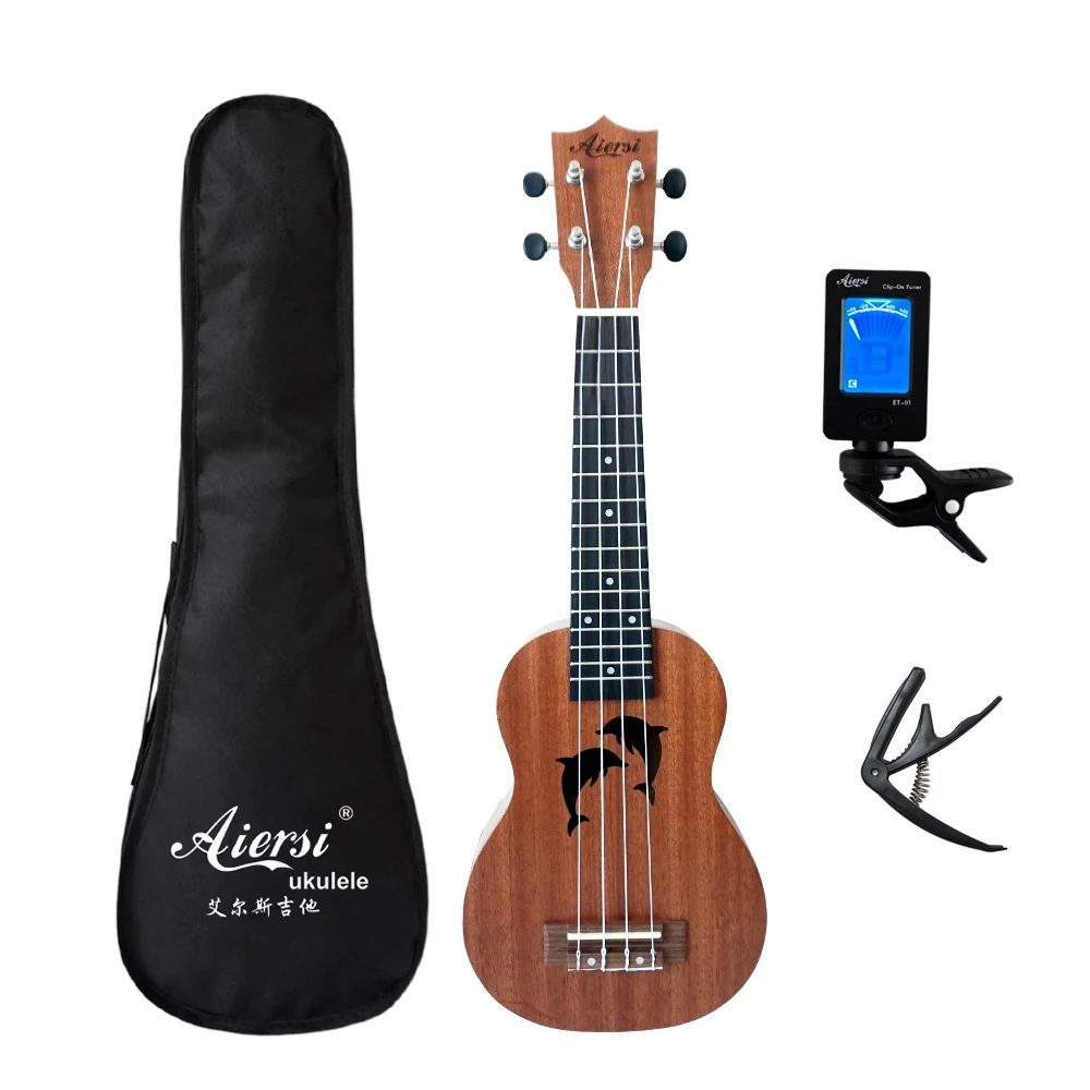 Ukulele Set Full Pack 21 Inch Soprano Spruce Mahogany ukulele With Dolphin Pineapple Design Ukelele Guitar With Bag Tuner Capo