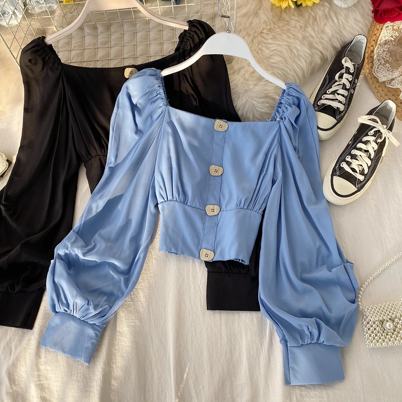 Vintage design women blouses square collar solid puff sleeved slim short high waist button female pulls tops outwear