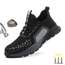 

2021 New Breathable Mesh Safety Shoes Men Light Sneaker Indestructible Steel Toe Soft Anti-piercing Work Boots Plus Size 36-48