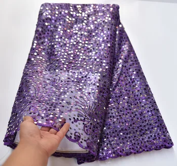 

New African Net Lace Fabric, High Quality Elegant Purple Sequins Nigerian Wedding Lace Fabrics 5Yards Sequins French Tulle lace