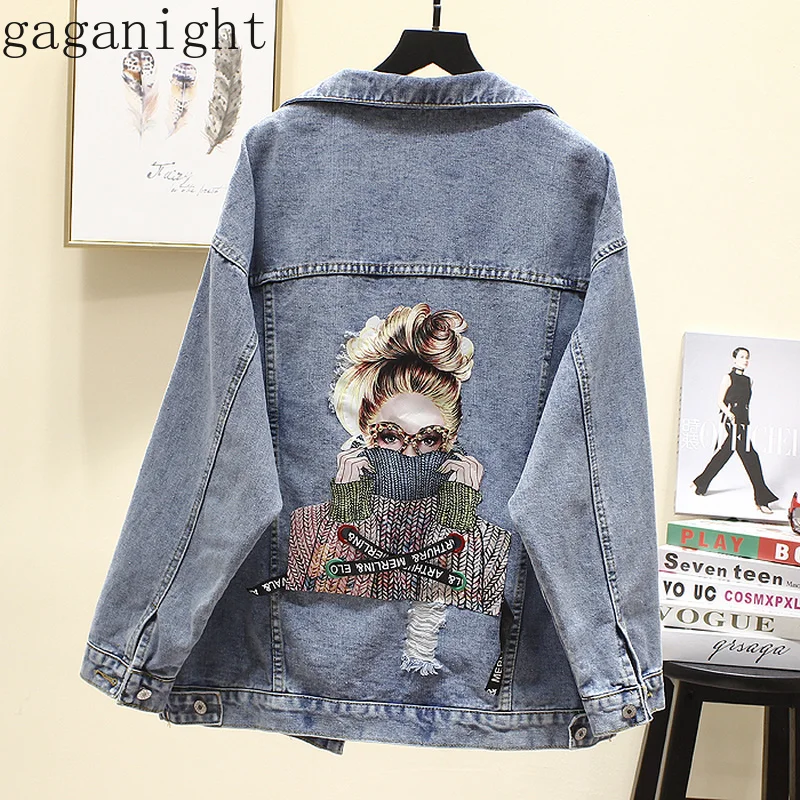

Gaganight Autumn Harajuku Printed Frayed Beading Denim Jacket BF Loose Casual Jeans Jacket Women 2019 Coat Outwear Female Jacket
